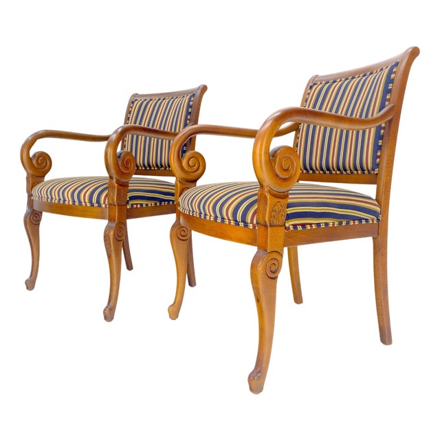 Pair of Regency Style Carved Open Arm Fireside Lounge Chairs Stripe Upholstery For Sale