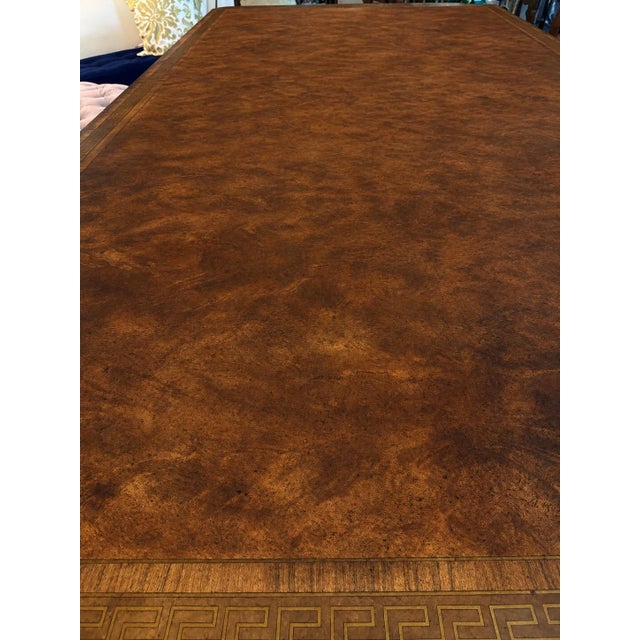 Regency Style Burl Wood Double Pedestal Dining Table With Brass Greek Key Inlay & Two 25” Leaves For Sale - Image 9 of 12