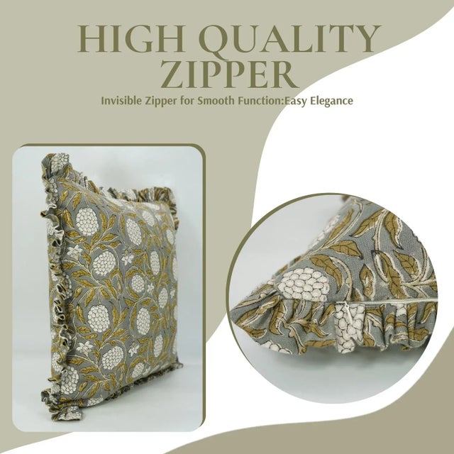 Art Deco Fabdivine Artisan Block Print Throw Frill Pillow Cover Gray 12x20 Inch Pure Linen- Merakhi For Sale - Image 3 of 5