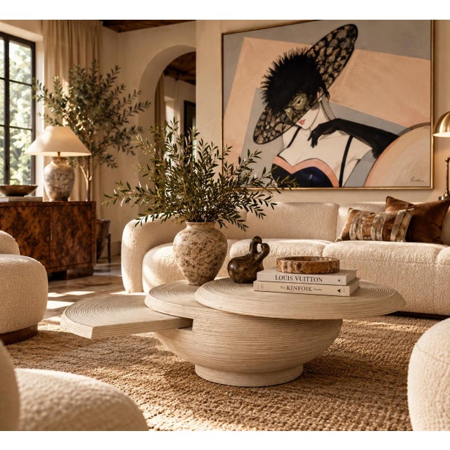 Stunning vintage Italian-inspired coffee table in the style of Gabriella Crespi, featuring an elegant sculptural round...