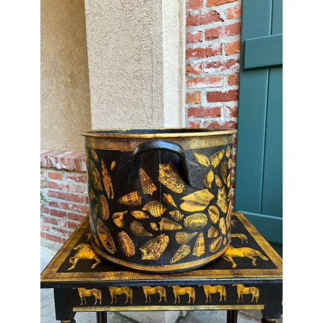 Black Large Antique English Planter Cachepot Black Metal Lacquer Shell Decoupage C1890 For Sale - Image 8 of 18