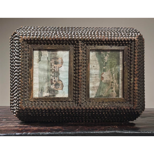 Folk Art Antique Chip Carved Tramp Art Box With Floral Collage Inserts For Sale - Image 3 of 12