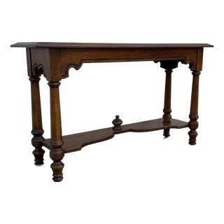Vintage Spanish Revival Mediterranean Wood Console Table With Turned Legs and Lower Shelf For Sale
