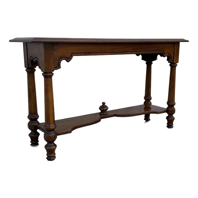 Vintage Spanish Revival Mediterranean Wood Console Table With Turned Legs and Lower Shelf For Sale