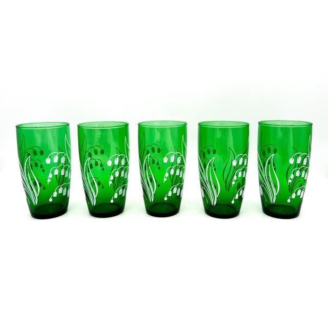 Mid-Century Modern Mid Century Modern Anchor Hocking Forest Green Lily of the Valley Tumbler Glasses- Set of 5 - Botanical / Cottagecore For Sale - Image 3 of 9