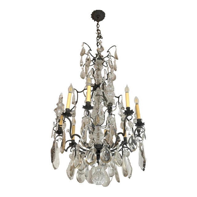 Mid 20th Century Restored Louis XV Blackened Bronze Crystal Cage Chandelier For Sale