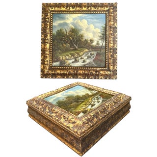 Large Florentine Giltwood Box With J. Van Ruisdael Dutch Landscape Painting. For Sale