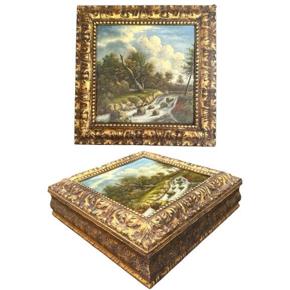 Large Florentine Giltwood Box With J. Van Ruisdael Dutch Landscape Painting. For Sale