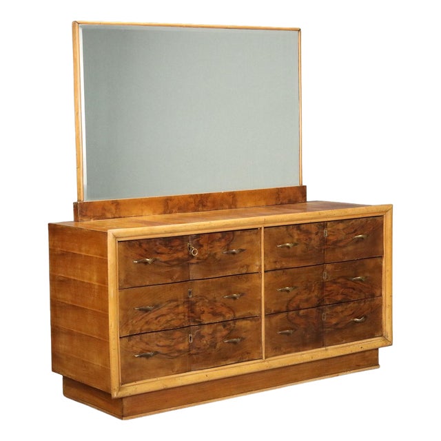 Vintage Chest of Drawers in Burl Walnut and Brass, Italy, 1940s For Sale
