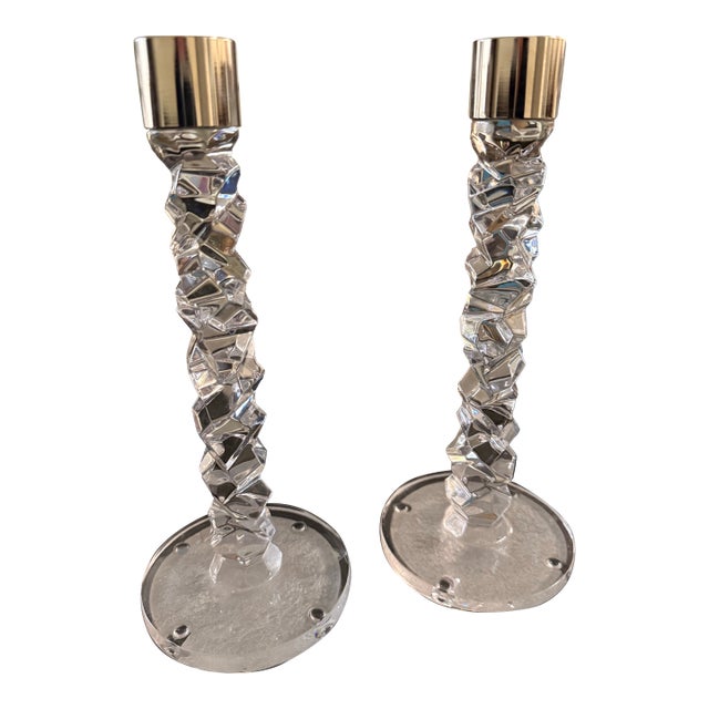 Pair of Orrefors Carat Clear Candlestick by Lena Bergstrom Pair NWT in Box For Sale