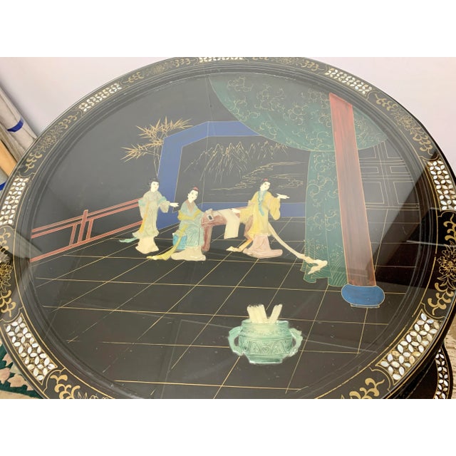This beautiful black lacquer dining set is in very good vintage condition. The soapstone art, mother of pearl inlay and...