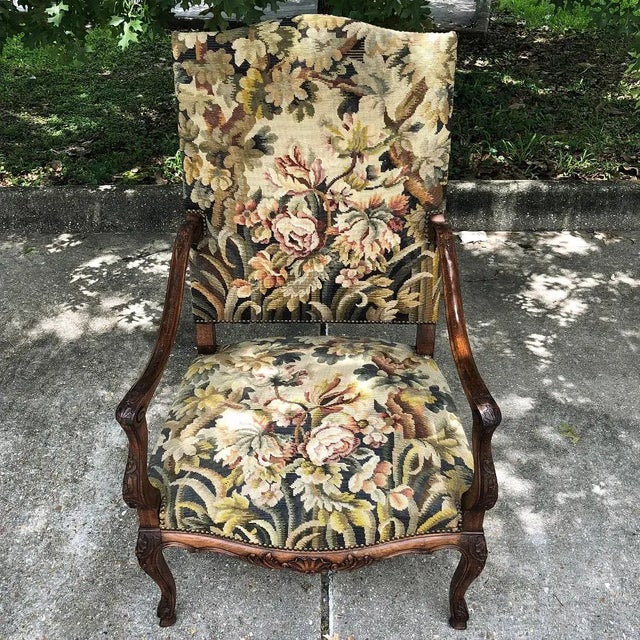 19th Century French Louis XV Fruitwood Fauteuil ~ Armchair With Floral Needlepoint For Sale - Image 9 of 15