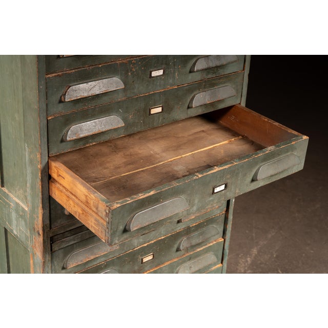 Antique Multi-Drawer Industrial Map Cabinet in Original Green Paint For Sale - Image 12 of 14