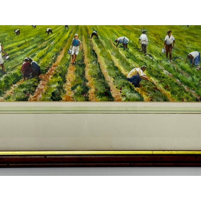 Rustic British 20th Century Landscape Oil Painting, Strawberry Pickers Harvesting in West Sussex South Downs For Sale - Image 3 of 18