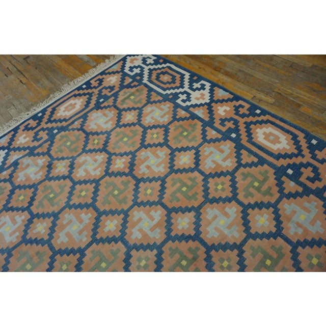 1930s Blue Orange Geometric Antique Indian Cotton Dhurrie Carpet Flatwoven Rug For Sale - Image 10 of 12