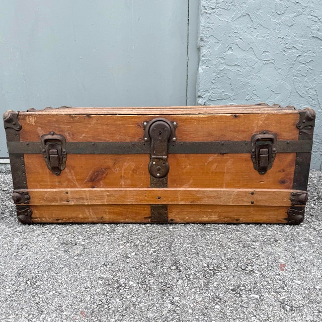 Rustic Antique Low Profile Flat Top Wooden Trunk For Sale - Image 3 of 10