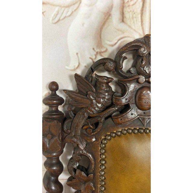 Set of 6 Antique Jacobean Hunt Chairs in Heavily Carved Oak With Cognac Leather For Sale - Image 12 of 18