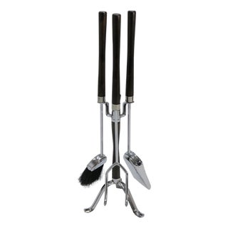 Mid Century Chrome and Wood Fireplace Tools For Sale