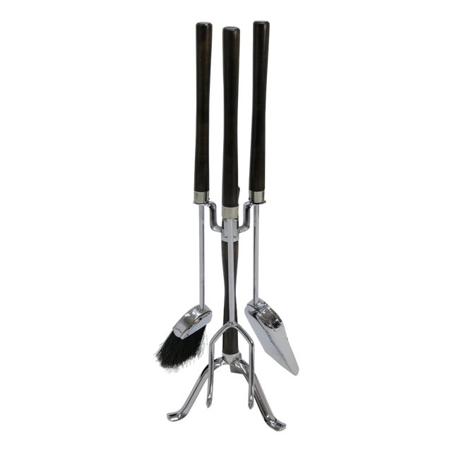 Mid Century Chrome and Wood Fireplace Tools For Sale