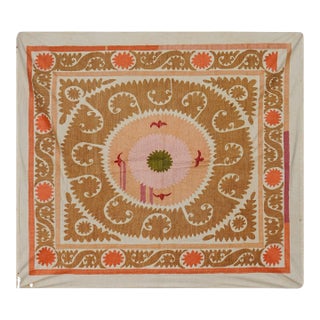 Uzbek Suzani Textile, Square Table Cover in Warm Tones 4'1'' X 4'5'' For Sale