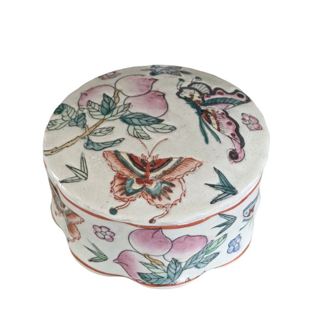 Chinoiserie Vintage Chinese Chinoiserie Butterfly Hand Painted Ceramic Porcelain Trinket Dish For Sale - Image 3 of 7