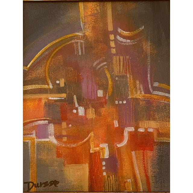 Contemporary Framed Abstract Oil on Canvas Painting With Orange Yellow Red and Purple Colors Signed Dursse For Sale - Image 4 of 13