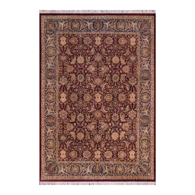 Elegant Floral Pak-Persian Maroon/Blue Wool Rug - 9'1'' X 12'2'' For Sale