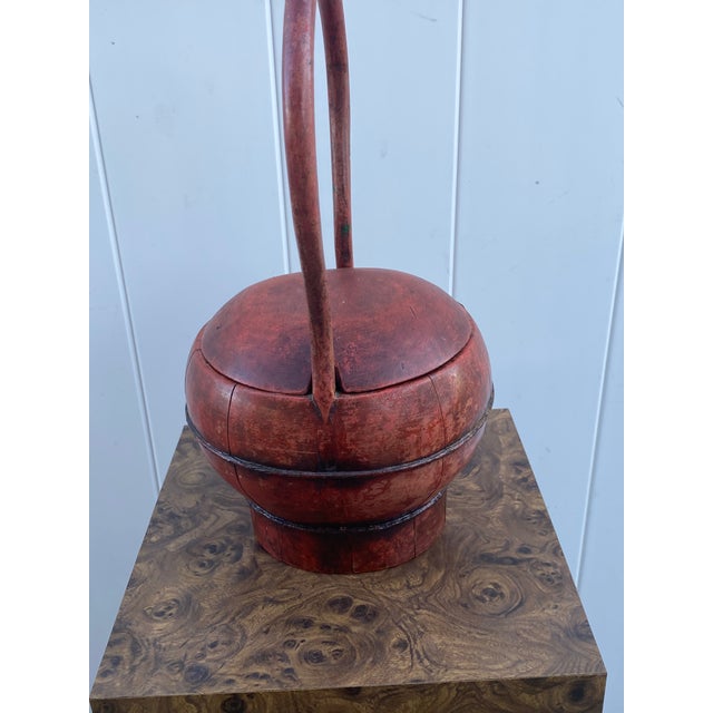 Paint Antique Chinese Red Lacquered Wooden Wedding Basket With Dragonfly Lid Motif For Sale - Image 7 of 13