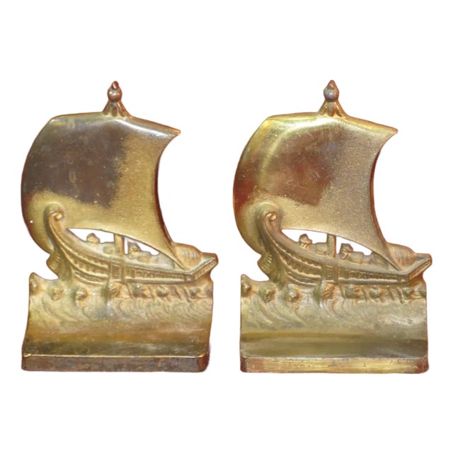 Early 20th Century Norse Ship Boat Schooner Sailing Book Ends Bradley & Hubbard B&H Brass Plated For Sale