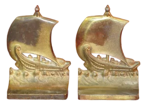 Early 20th Century Norse Ship Boat Schooner Sailing Book Ends Bradley & Hubbard B&H Brass Plated