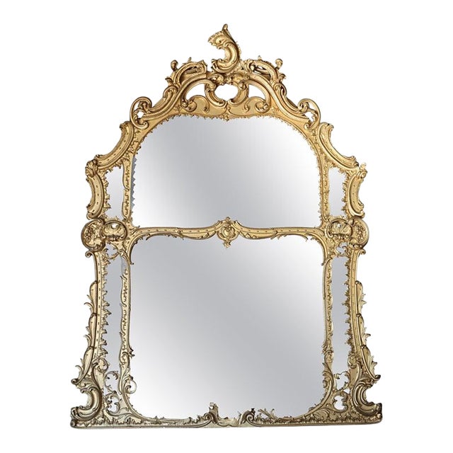 Monumental French Louis XIV Giltwood Scroll & Foliate Form Mantle Mirror C1890 For Sale