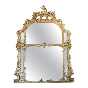 Monumental French Louis XIV Giltwood Scroll & Foliate Form Mantle Mirror C1890