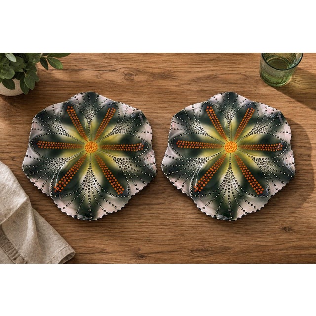 Green Mid-Century Modern South African Hand-Painted Ceramic Starburst Plates - a Pair For Sale - Image 8 of 11