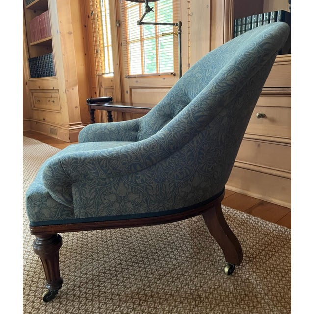 Attributed Holland and Sons tub chair newly upholstered in Robert Kime's "William Morris Weave." In immaculate condition....
