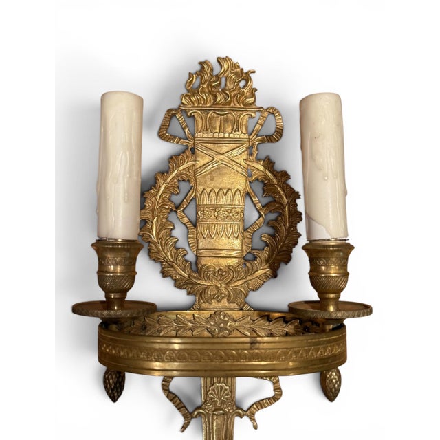 Pair of 1900s French Empire Style Gilt Bronze Two-Light Sconces For Sale - Image 4 of 5