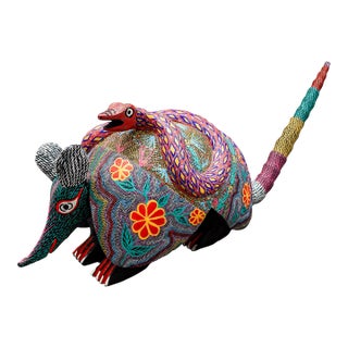 Mid 20th Century Oaxacan Wood Carved Painted Armadillo Snake Alebrije Mexican Art Sculpture 21.5" For Sale