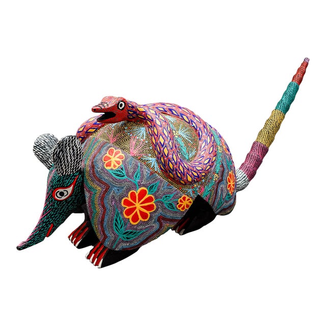 Mid 20th Century Oaxacan Wood Carved Painted Armadillo Snake Alebrije Mexican Art Sculpture 21.5" For Sale