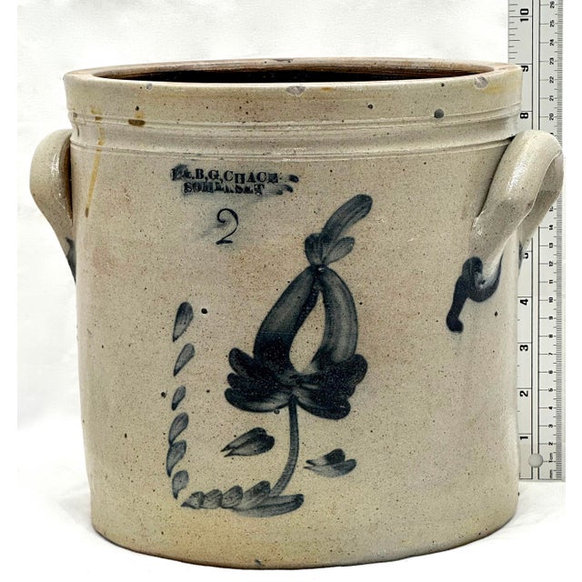 Nice Antique 1850s 2 Gallon American Blue Hand Decorated Stoneware Crock by L & B G Chace in Somerset Mass. For Sale - Image 11 of 12