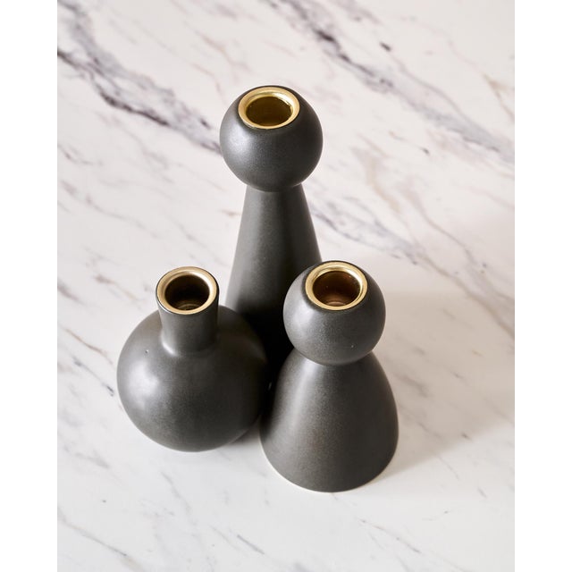 Lostine Trio of "Almost Black" Matte Ceramic Taper Candle Holders "Bella," "Bobby," and "Beau" by Lostine For Sale - Image 4 of 12