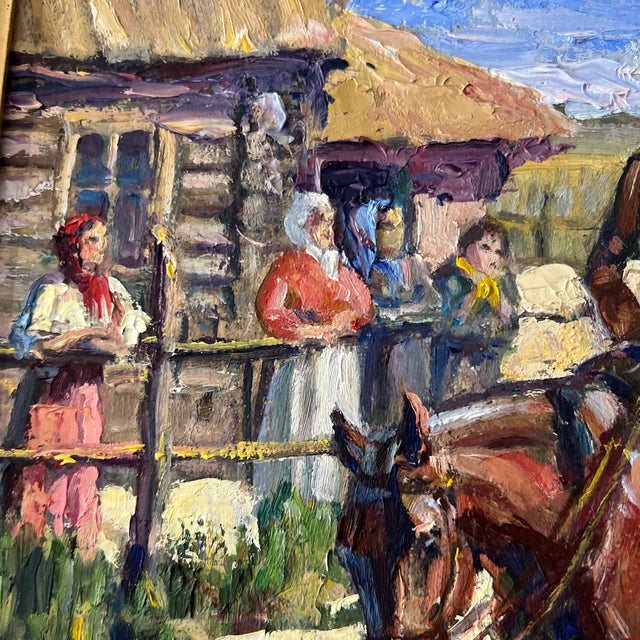 20th Century Oil on Canvas Board European School Framed Signed by Aleksandr Karamzin Titled Cossacks Entering Village For Sale In Washington DC - Image 6 of 11