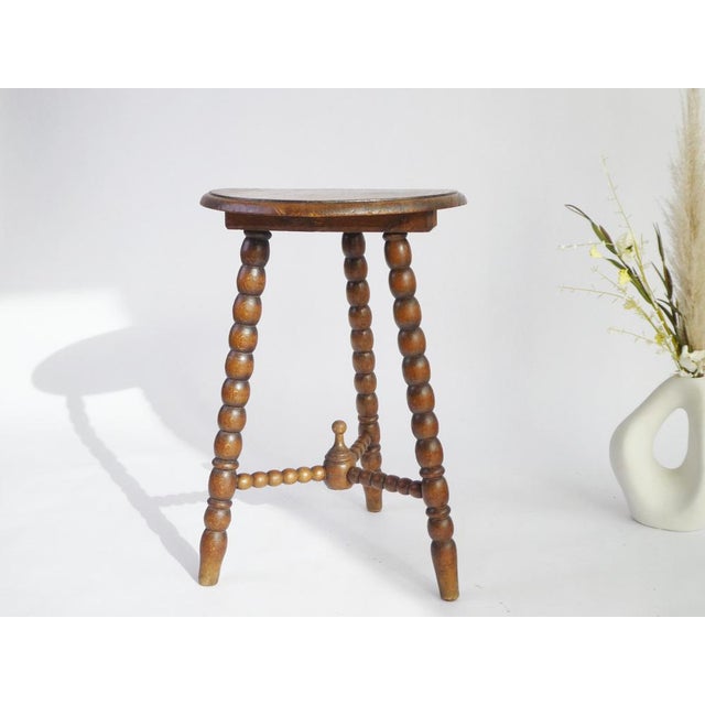 Antique French Round Wooden Bobbin Side Table or Stool, 1920s For Sale - Image 9 of 10