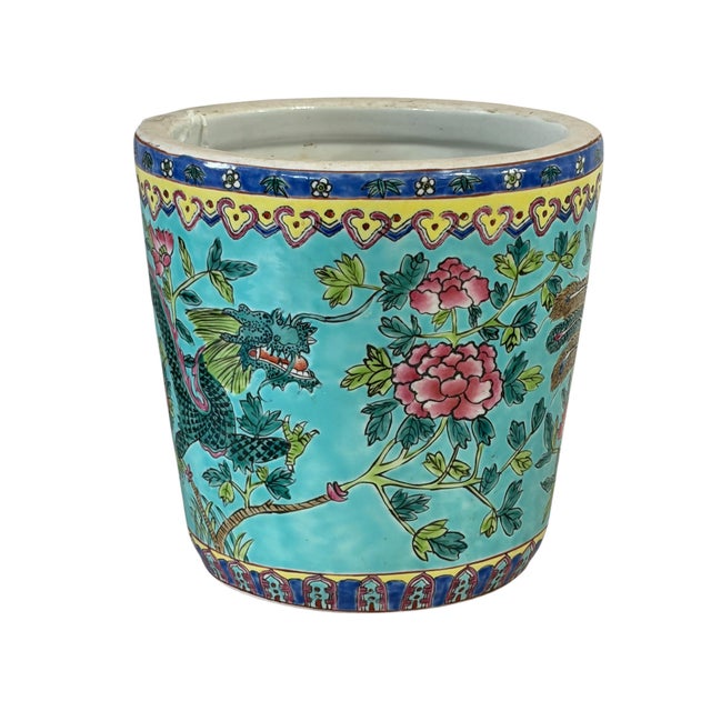 superb antique Chinese porcelain jardiniere, cachepot, or planter pot featuring a turquoise ground and hand-painted...
