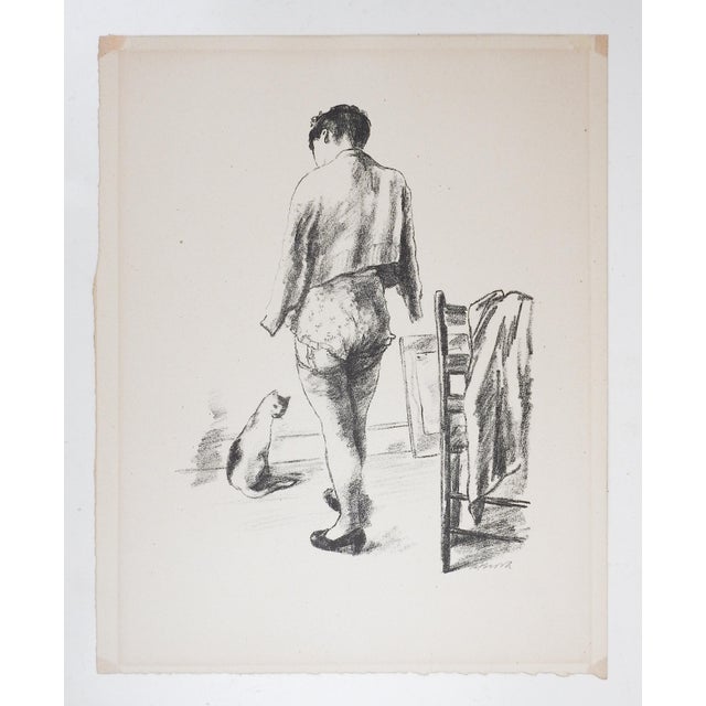 Art Deco Vintage 1930s Woman in Stockings With Cat Lithograph For Sale - Image 3 of 3