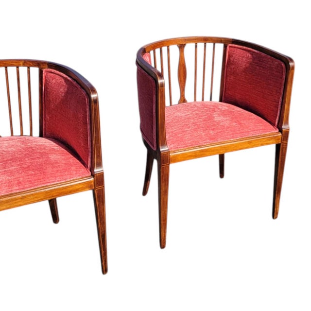 Pair 1920s English Edwardian Inlaid Mahogany Tub Club Chairs Newly Upholstered For Sale - Image 11 of 18