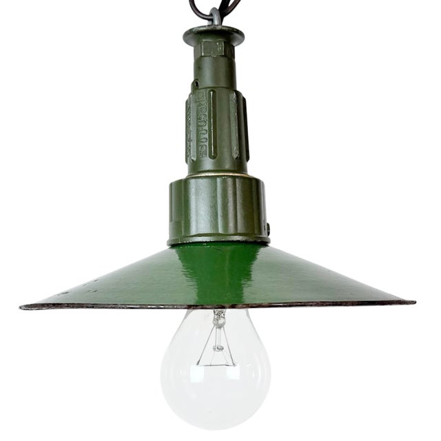 Industrial Green Enamel Military Pendant Lamp with Cast Aluminium Top, 1960s For Sale - Image 18 of 18