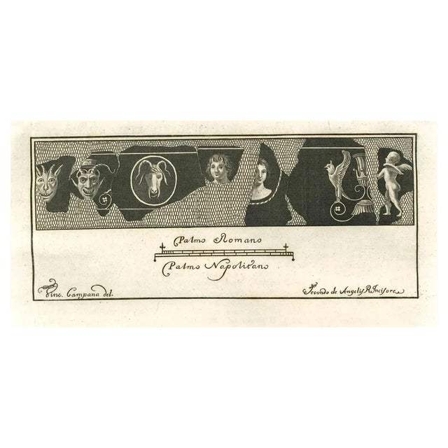 Vincenzo Campana, Pompeian Masks Wall Fresco, Etching, 18th Century For Sale