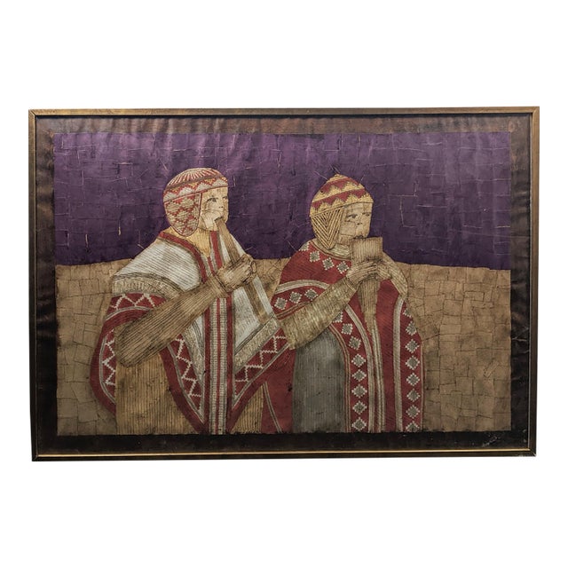 Oversized Vintage Andean Musicians Banana Leaf Mosaic Folk Art – Purple, Red & Cream For Sale