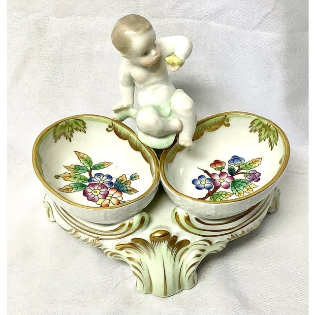 Rare Herend Queen Victoria Porcelain twin salt cellar with cherub. Hand painted, multicolored in white, green, pink with...