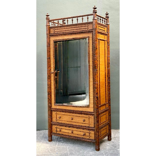 Vintage Tortoise Bamboo Mirror Front Armoire For Sale - Image 9 of 12