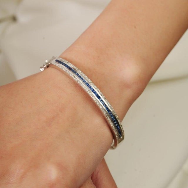 Not Yet Made - Made To Order 925 Sterling Silver Sapphire Diamond Bangle Bracelet- Unisex Jewelry by Caratandher For Sale - Image 5 of 12